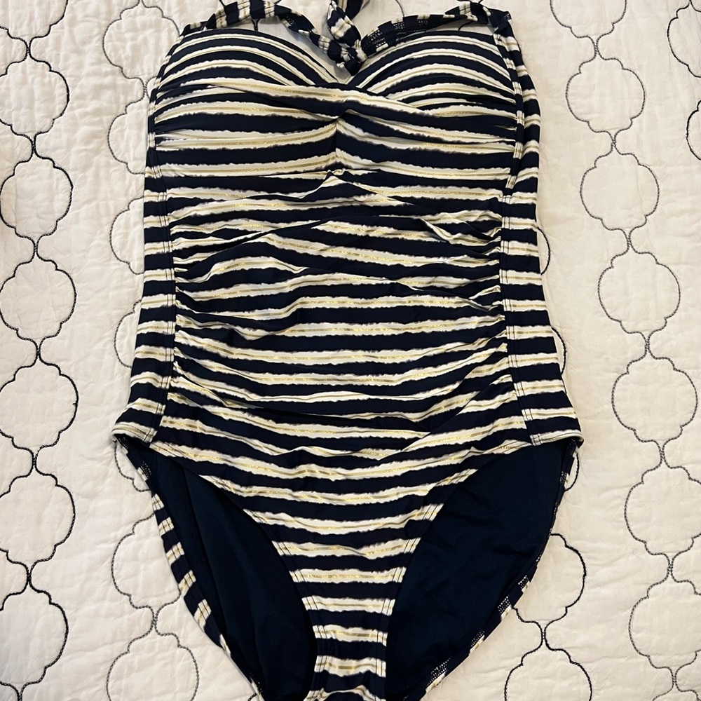 Navy, White, and Gold striped one piece swimsuit